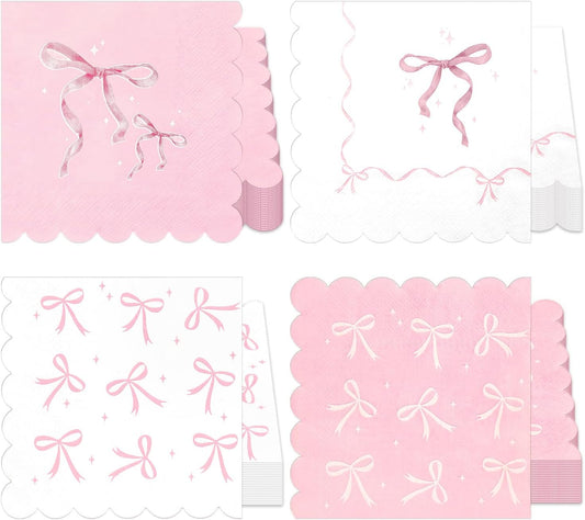 100 Pcs Pink Bow Napkins, Bow Theme Party Decorations Napkin, Scalloped Edge Disposable Guest Hand Towels Coquette Bow Dinner Paper Napkins for Baby Shower Bridal Engagement, 6.5 x 6.5 Inch