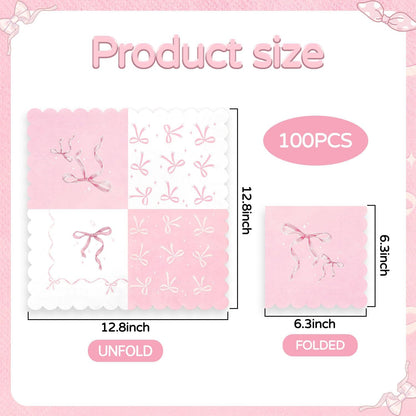 100 Pcs Pink Bow Napkins, Bow Theme Party Decorations Napkin, Scalloped Edge Disposable Guest Hand Towels Coquette Bow Dinner Paper Napkins for Baby Shower Bridal Engagement, 6.5 x 6.5 Inch