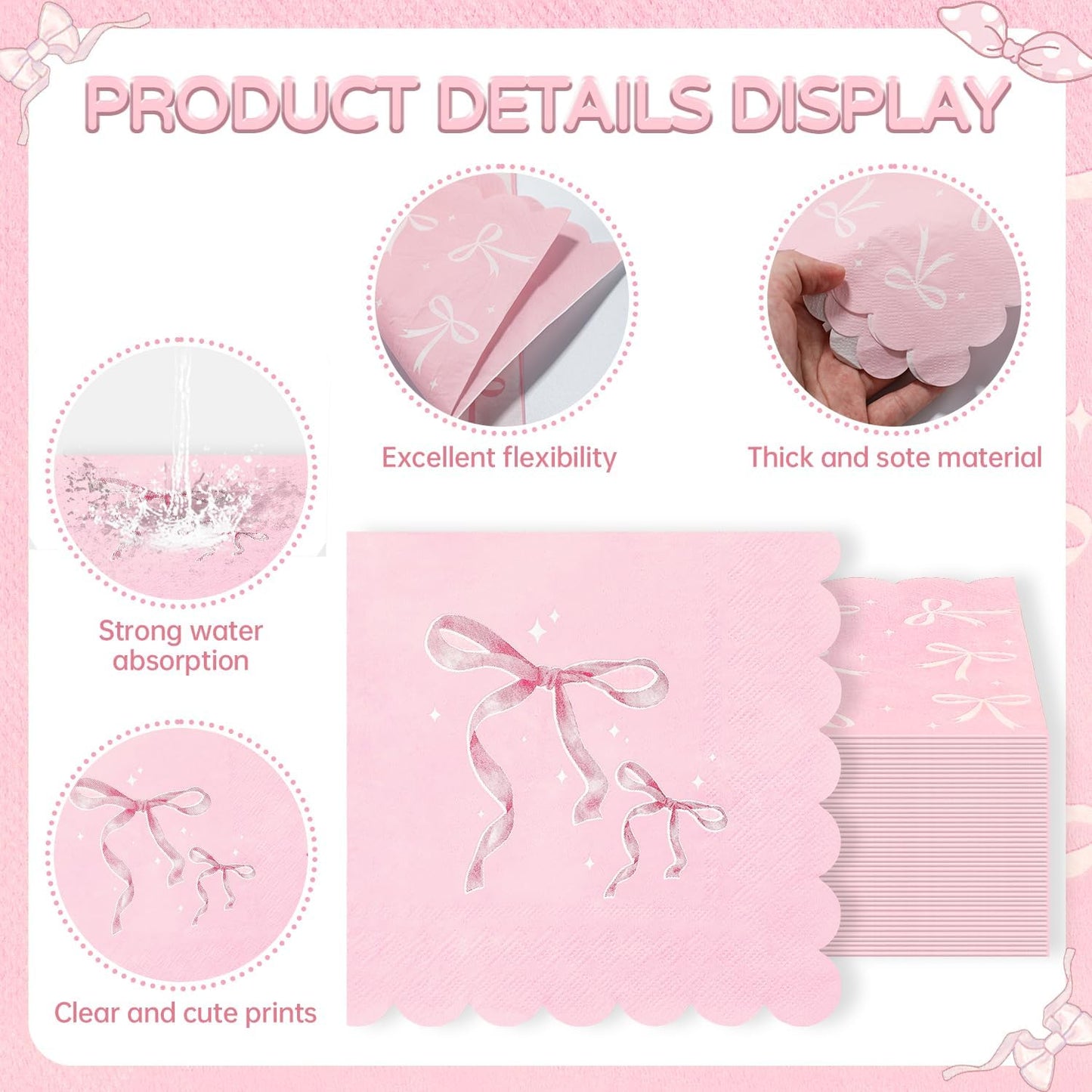 100 Pcs Pink Bow Napkins, Bow Theme Party Decorations Napkin, Scalloped Edge Disposable Guest Hand Towels Coquette Bow Dinner Paper Napkins for Baby Shower Bridal Engagement, 6.5 x 6.5 Inch
