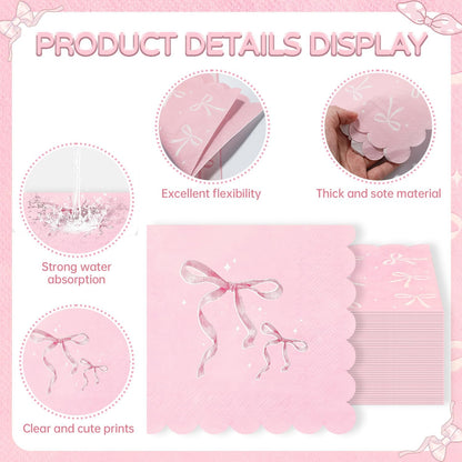 100 Pcs Pink Bow Napkins, Bow Theme Party Decorations Napkin, Scalloped Edge Disposable Guest Hand Towels Coquette Bow Dinner Paper Napkins for Baby Shower Bridal Engagement, 6.5 x 6.5 Inch