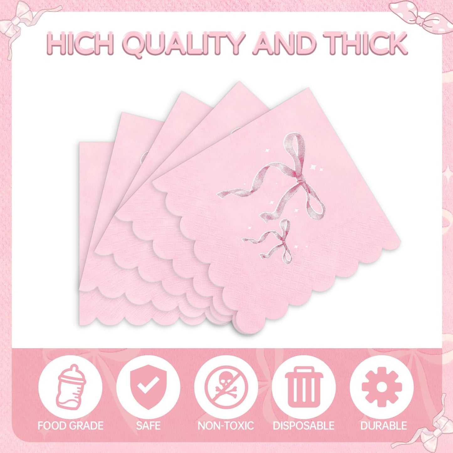 100 Pcs Pink Bow Napkins, Bow Theme Party Decorations Napkin, Scalloped Edge Disposable Guest Hand Towels Coquette Bow Dinner Paper Napkins for Baby Shower Bridal Engagement, 6.5 x 6.5 Inch
