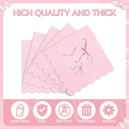 100 Pcs Pink Bow Napkins, Bow Theme Party Decorations Napkin, Scalloped Edge Disposable Guest Hand Towels Coquette Bow Dinner Paper Napkins for Baby Shower Bridal Engagement, 6.5 x 6.5 Inch