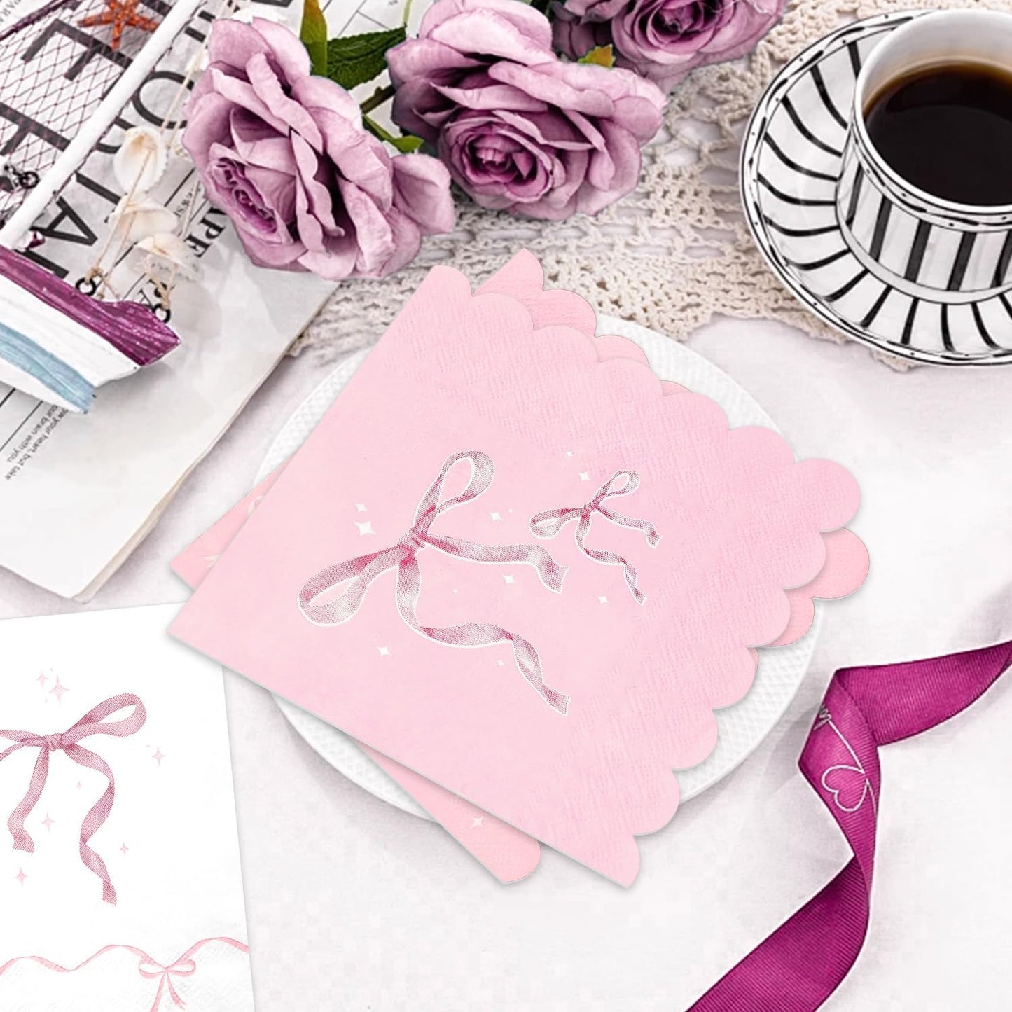 100 Pcs Pink Bow Napkins, Bow Theme Party Decorations Napkin, Scalloped Edge Disposable Guest Hand Towels Coquette Bow Dinner Paper Napkins for Baby Shower Bridal Engagement, 6.5 x 6.5 Inch