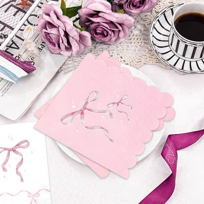 100 Pcs Pink Bow Napkins, Bow Theme Party Decorations Napkin, Scalloped Edge Disposable Guest Hand Towels Coquette Bow Dinner Paper Napkins for Baby Shower Bridal Engagement, 6.5 x 6.5 Inch