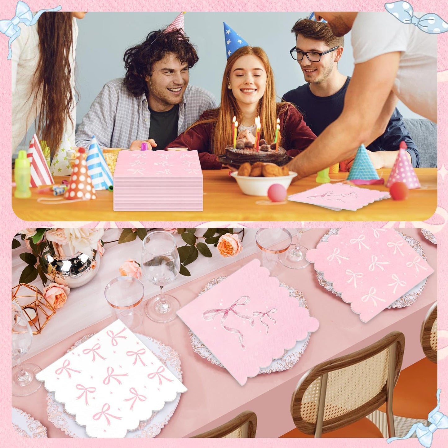 100 Pcs Pink Bow Napkins, Bow Theme Party Decorations Napkin, Scalloped Edge Disposable Guest Hand Towels Coquette Bow Dinner Paper Napkins for Baby Shower Bridal Engagement, 6.5 x 6.5 Inch