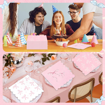 100 Pcs Pink Bow Napkins, Bow Theme Party Decorations Napkin, Scalloped Edge Disposable Guest Hand Towels Coquette Bow Dinner Paper Napkins for Baby Shower Bridal Engagement, 6.5 x 6.5 Inch