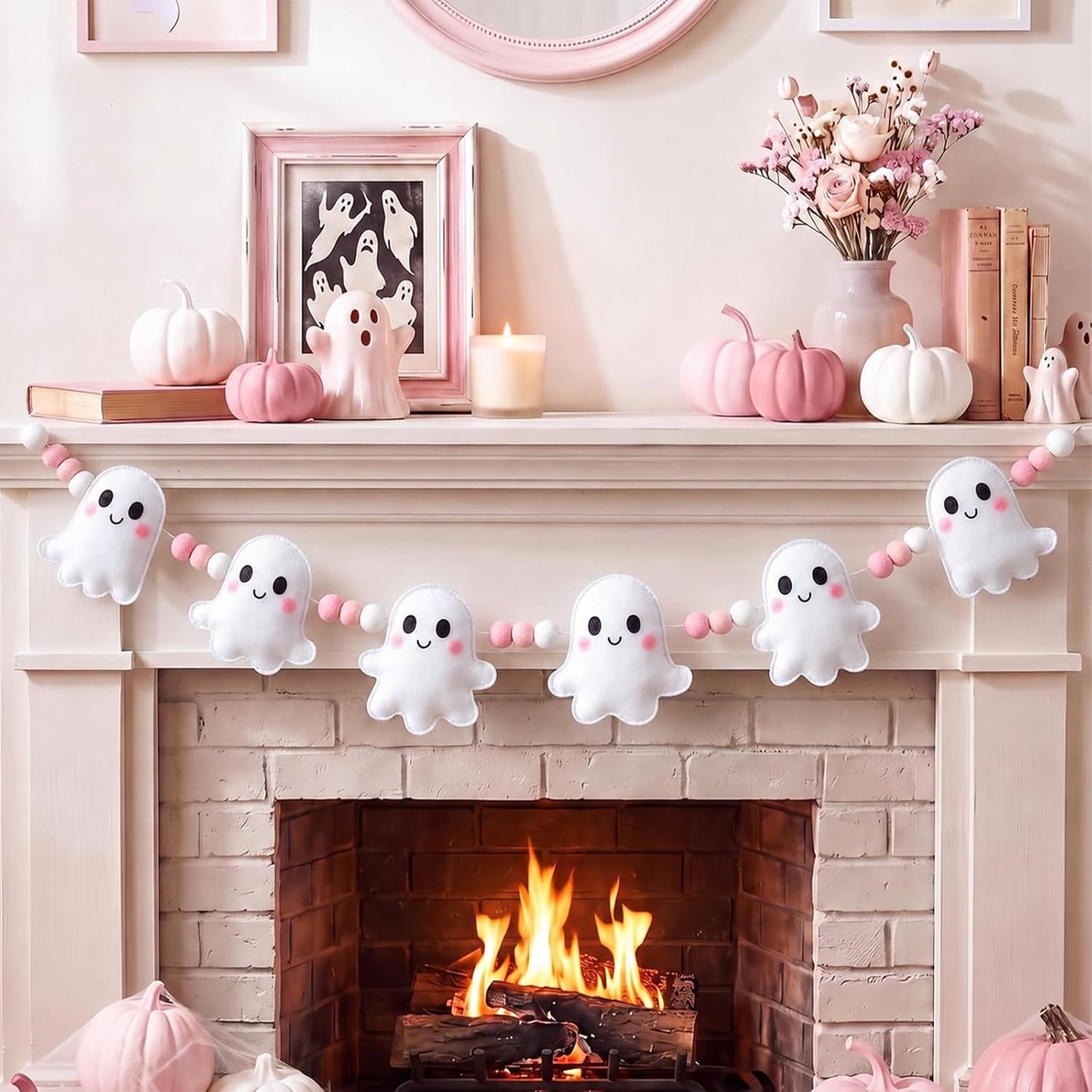 Halloween Felt Garland, Pre-Strung 3D Coquette Ghost Garland with Pom Poms