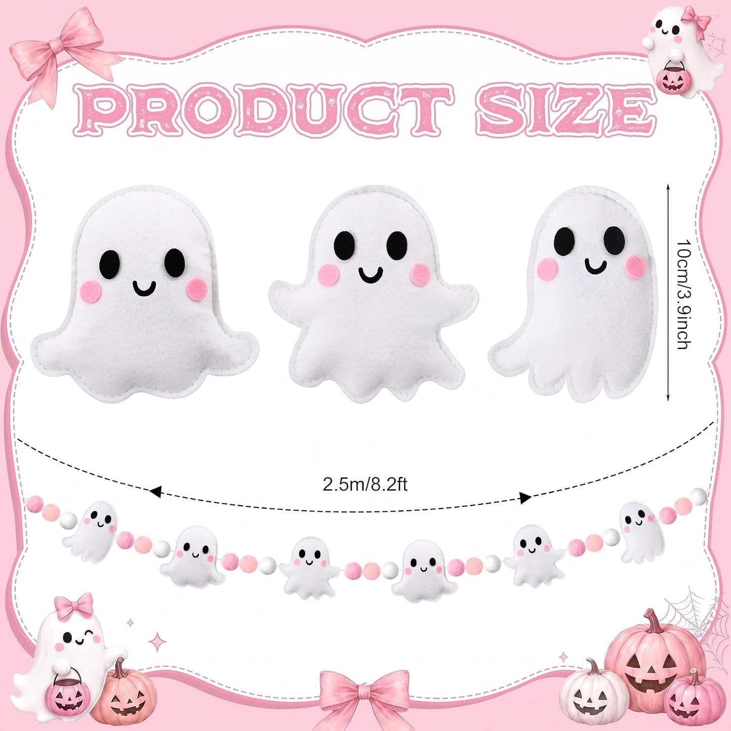 Halloween Felt Garland, Pre-Strung 3D Coquette Ghost Garland with Pom Poms