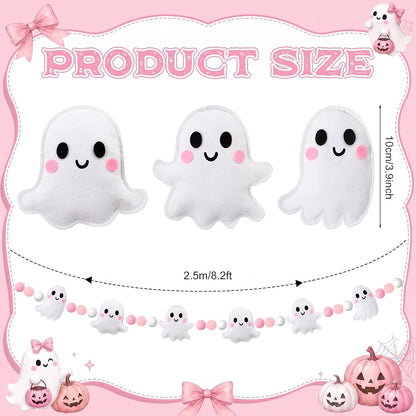 Halloween Felt Garland, Pre-Strung 3D Coquette Ghost Garland with Pom Poms