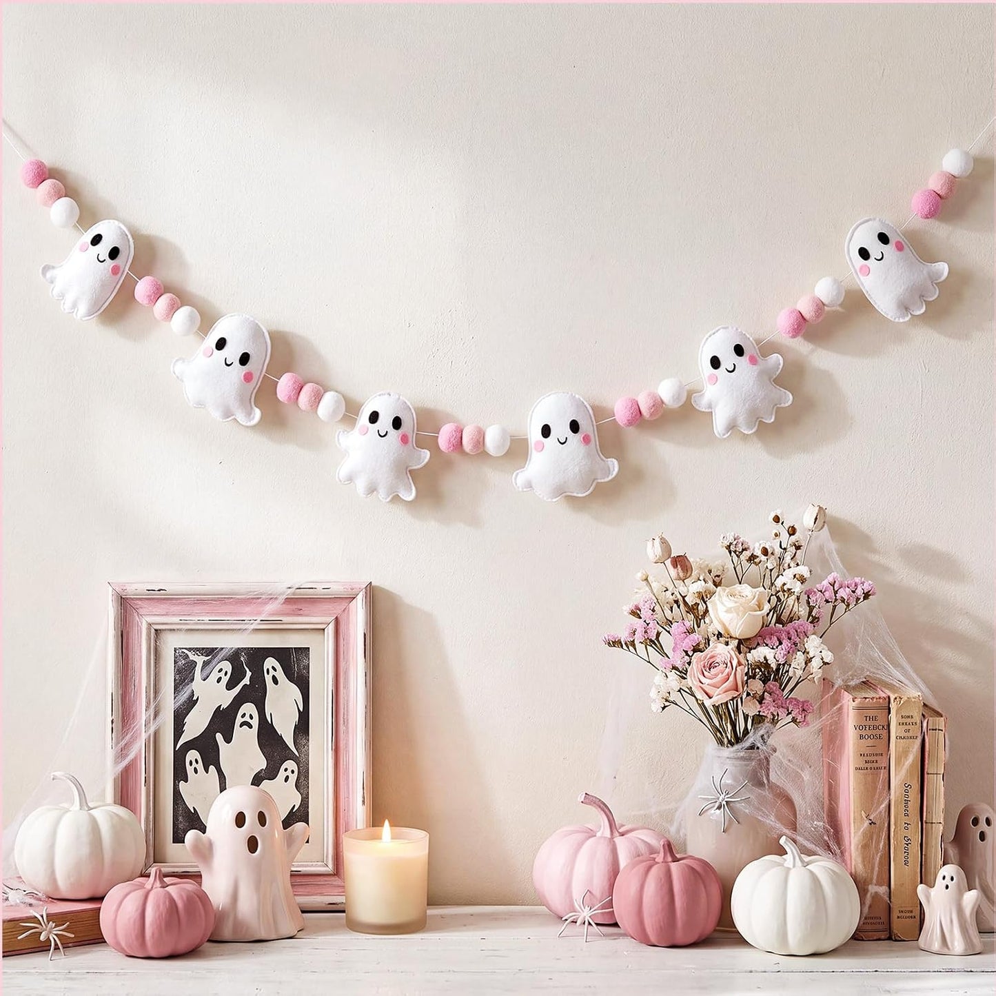 Halloween Felt Garland, Pre-Strung 3D Coquette Ghost Garland with Pom Poms