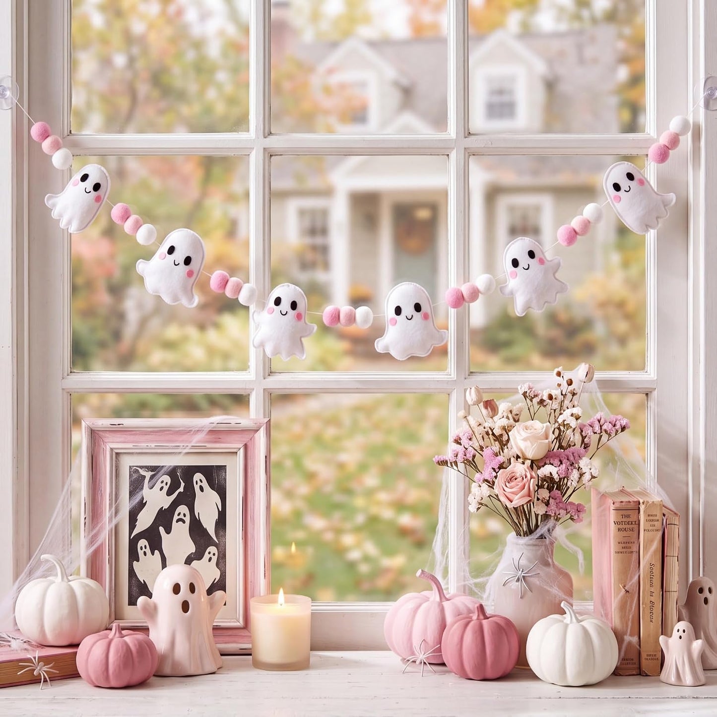 Halloween Felt Garland, Pre-Strung 3D Coquette Ghost Garland with Pom Poms