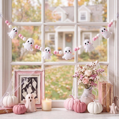 Halloween Felt Garland, Pre-Strung 3D Coquette Ghost Garland with Pom Poms