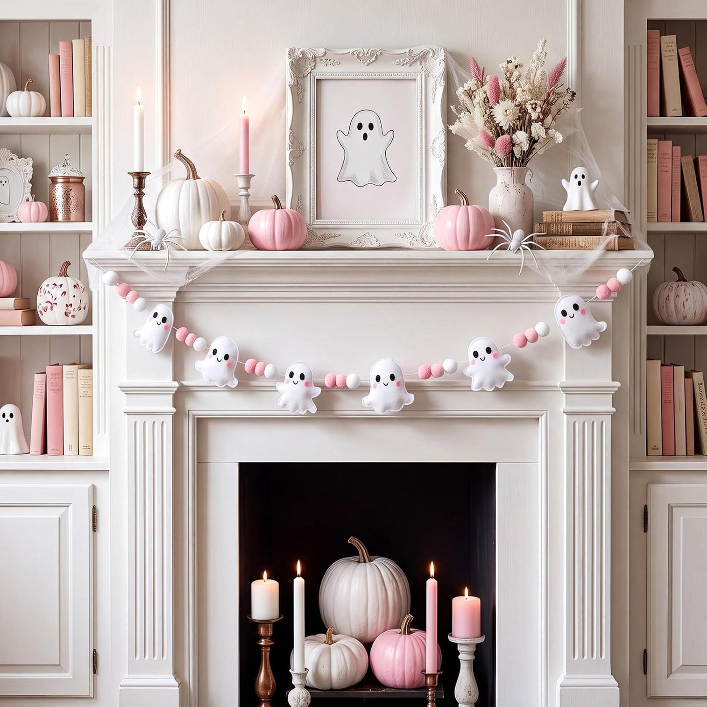 Halloween Felt Garland, Pre-Strung 3D Coquette Ghost Garland with Pom Poms