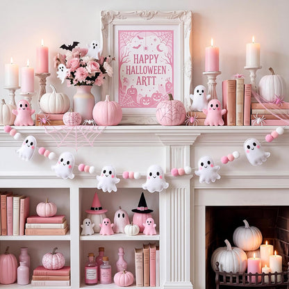 Halloween Felt Garland, Pre-Strung 3D Coquette Ghost Garland with Pom Poms