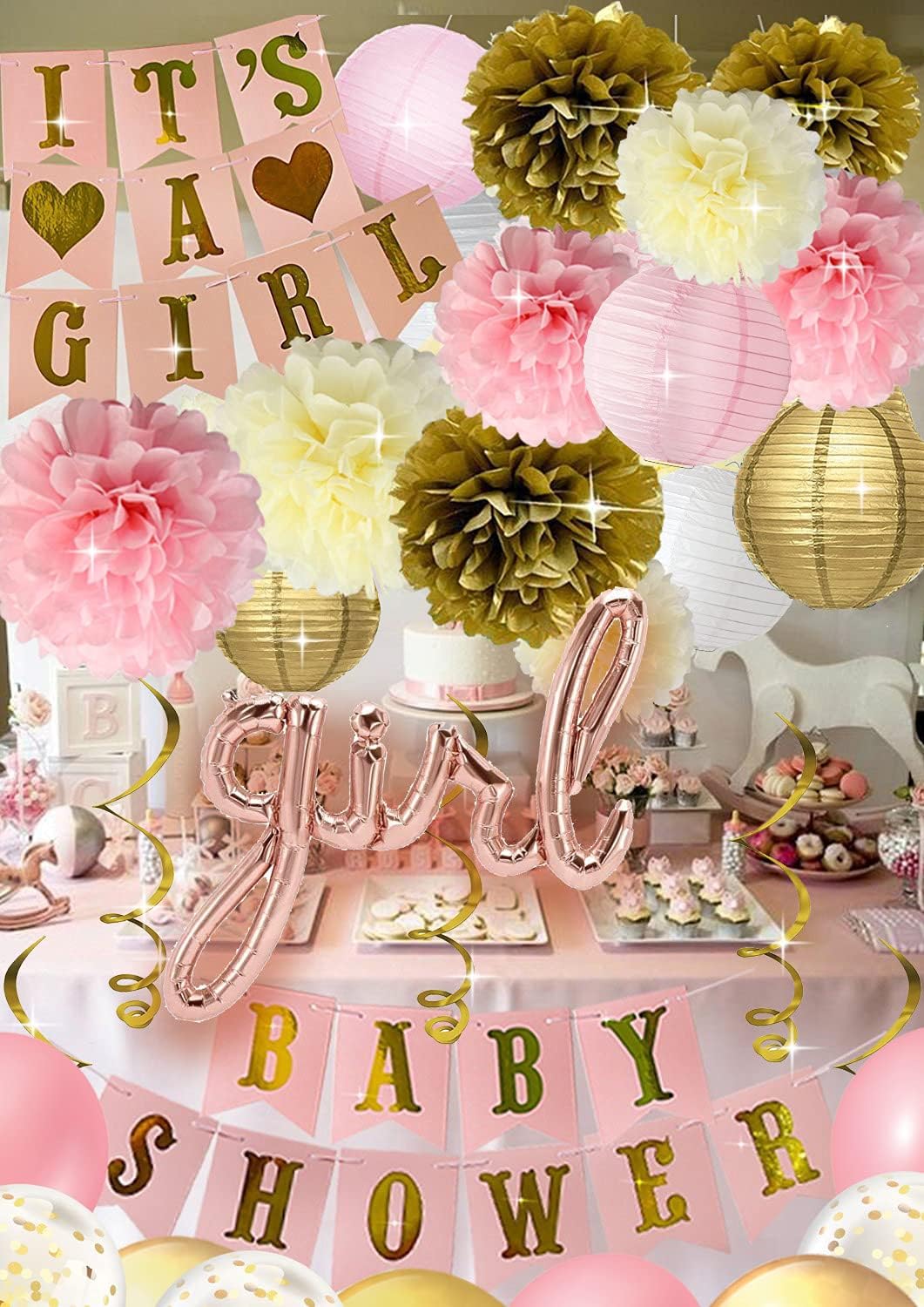 Pink and Gold Baby Shower Decorations for Girl – 35 Pcs Princess Kit with It's a Girl Banner, Mom to Be Sash, Tissue Paper Pom Poms, Paper Lanterns, Bunting Garland – Baby Girl Party Supplies