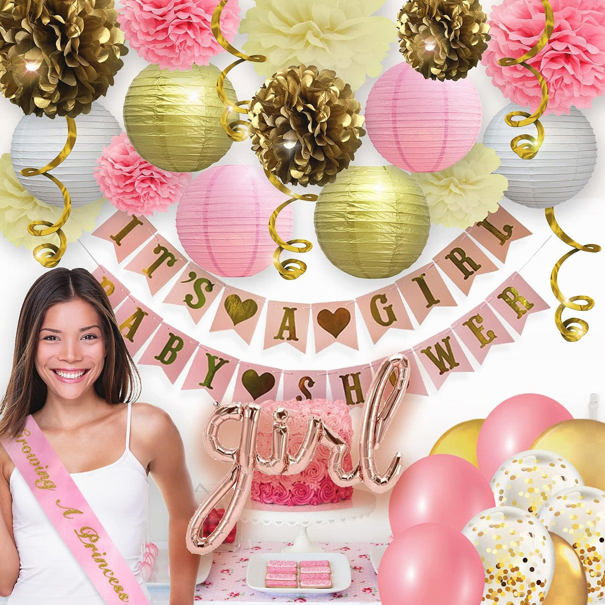 Pink and Gold Baby Shower Decorations for Girl – 35 Pcs Princess Kit with It's a Girl Banner, Mom to Be Sash, Tissue Paper Pom Poms, Paper Lanterns, Bunting Garland – Baby Girl Party Supplies