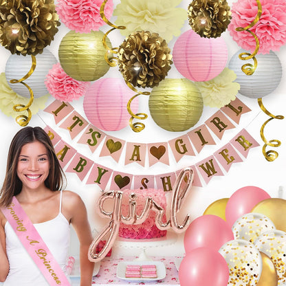 Pink and Gold Baby Shower Decorations for Girl – 35 Pcs Princess Kit with It's a Girl Banner, Mom to Be Sash, Tissue Paper Pom Poms, Paper Lanterns, Bunting Garland – Baby Girl Party Supplies