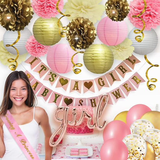 Pink and Gold Baby Shower Decorations for Girl – 35 Pcs Princess Kit with It's a Girl Banner, Mom to Be Sash, Tissue Paper Pom Poms, Paper Lanterns, Bunting Garland – Baby Girl Party Supplies