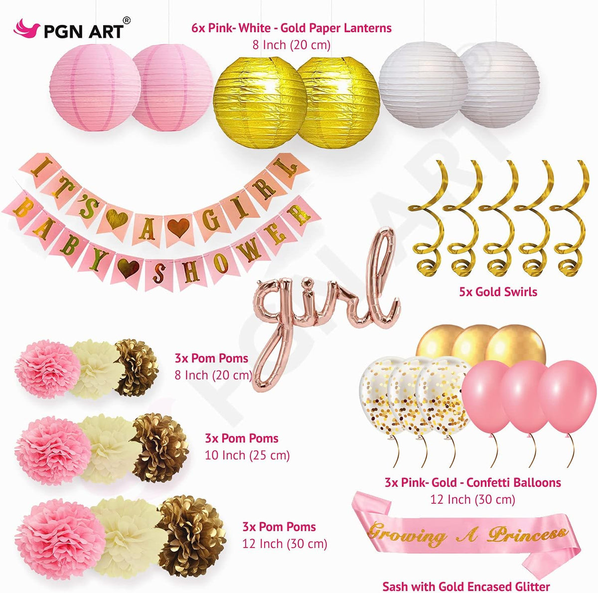 Pink and Gold Baby Shower Decorations for Girl – 35 Pcs Princess Kit with It's a Girl Banner, Mom to Be Sash, Tissue Paper Pom Poms, Paper Lanterns, Bunting Garland – Baby Girl Party Supplies