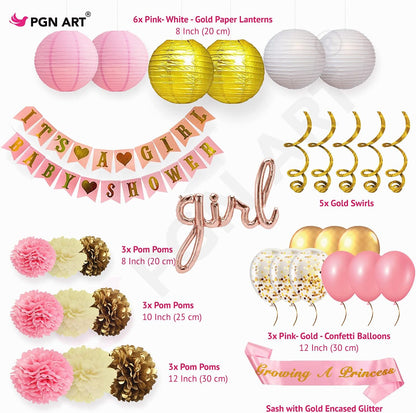 Pink and Gold Baby Shower Decorations for Girl – 35 Pcs Princess Kit with It's a Girl Banner, Mom to Be Sash, Tissue Paper Pom Poms, Paper Lanterns, Bunting Garland – Baby Girl Party Supplies