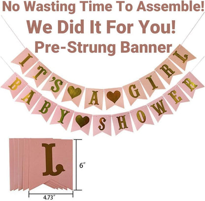 Pink and Gold Baby Shower Decorations for Girl – 35 Pcs Princess Kit with It's a Girl Banner, Mom to Be Sash, Tissue Paper Pom Poms, Paper Lanterns, Bunting Garland – Baby Girl Party Supplies