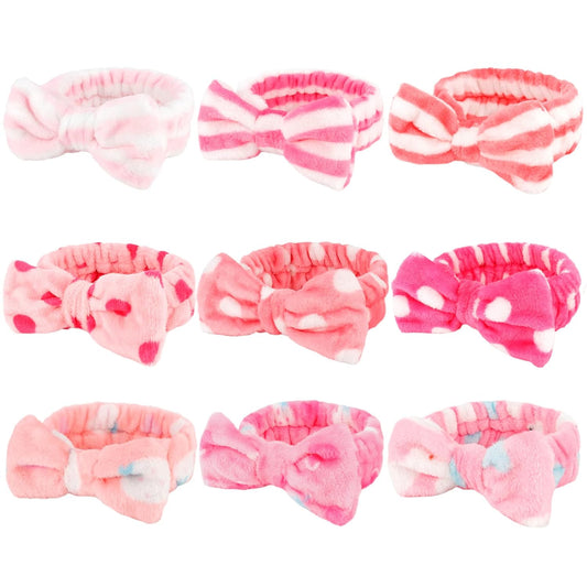 9 Pack Pink Microfiber Hairband for Washing Face, Makeup Headband Skincare Headbands with Cute Bow, Fluffy Face Wash Headband for Women