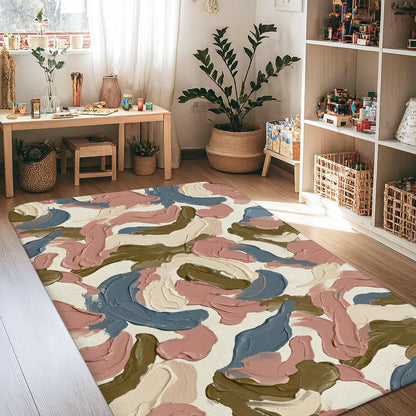 Swirls Area Rug, Contemporary Artistic Brush Patterns Curves None Muted Peach Non-Slip Soft Rectangle Carpet Stain Resistant Rugs for Living Room Bedroom Hallway Office Decor 4' X 6'