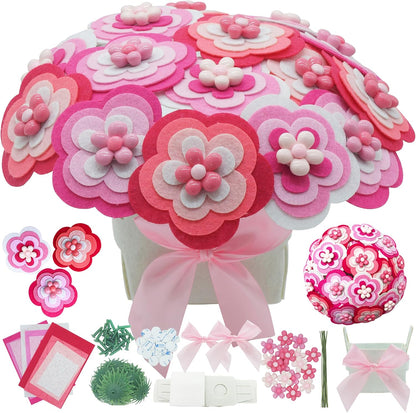 BAZIMA DIY Felt Flower Art Craft Kit,Pink Bouquet Making Kit, Floral Gifts,Beginner Craft Kit, Arrange Pre-Cut Felt Flowers, Ideas for Art Project Activity,18 Felt Flowers.