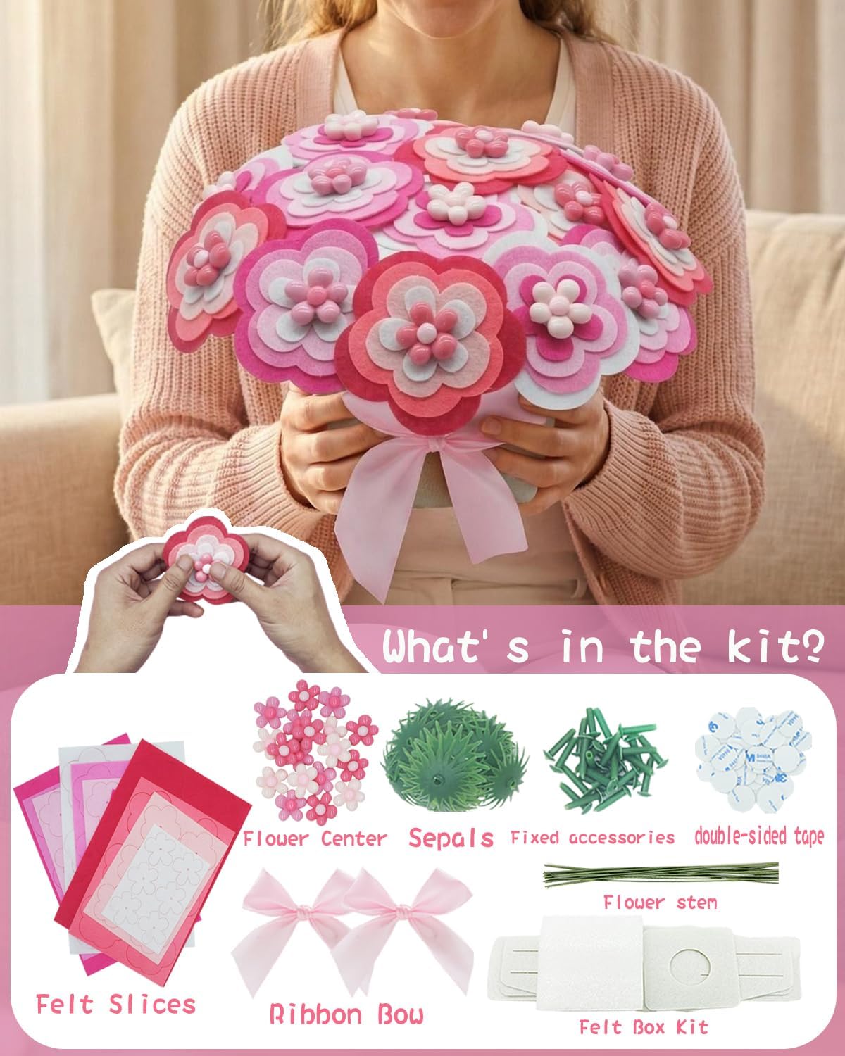 BAZIMA DIY Felt Flower Art Craft Kit,Pink Bouquet Making Kit, Floral Gifts,Beginner Craft Kit, Arrange Pre-Cut Felt Flowers, Ideas for Art Project Activity,18 Felt Flowers.