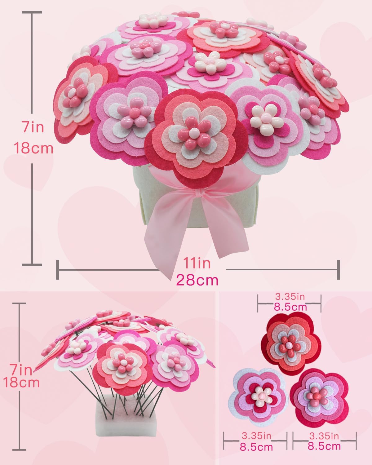 BAZIMA DIY Felt Flower Art Craft Kit,Pink Bouquet Making Kit, Floral Gifts,Beginner Craft Kit, Arrange Pre-Cut Felt Flowers, Ideas for Art Project Activity,18 Felt Flowers.