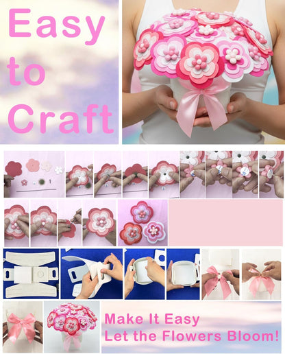 BAZIMA DIY Felt Flower Art Craft Kit,Pink Bouquet Making Kit, Floral Gifts,Beginner Craft Kit, Arrange Pre-Cut Felt Flowers, Ideas for Art Project Activity,18 Felt Flowers.