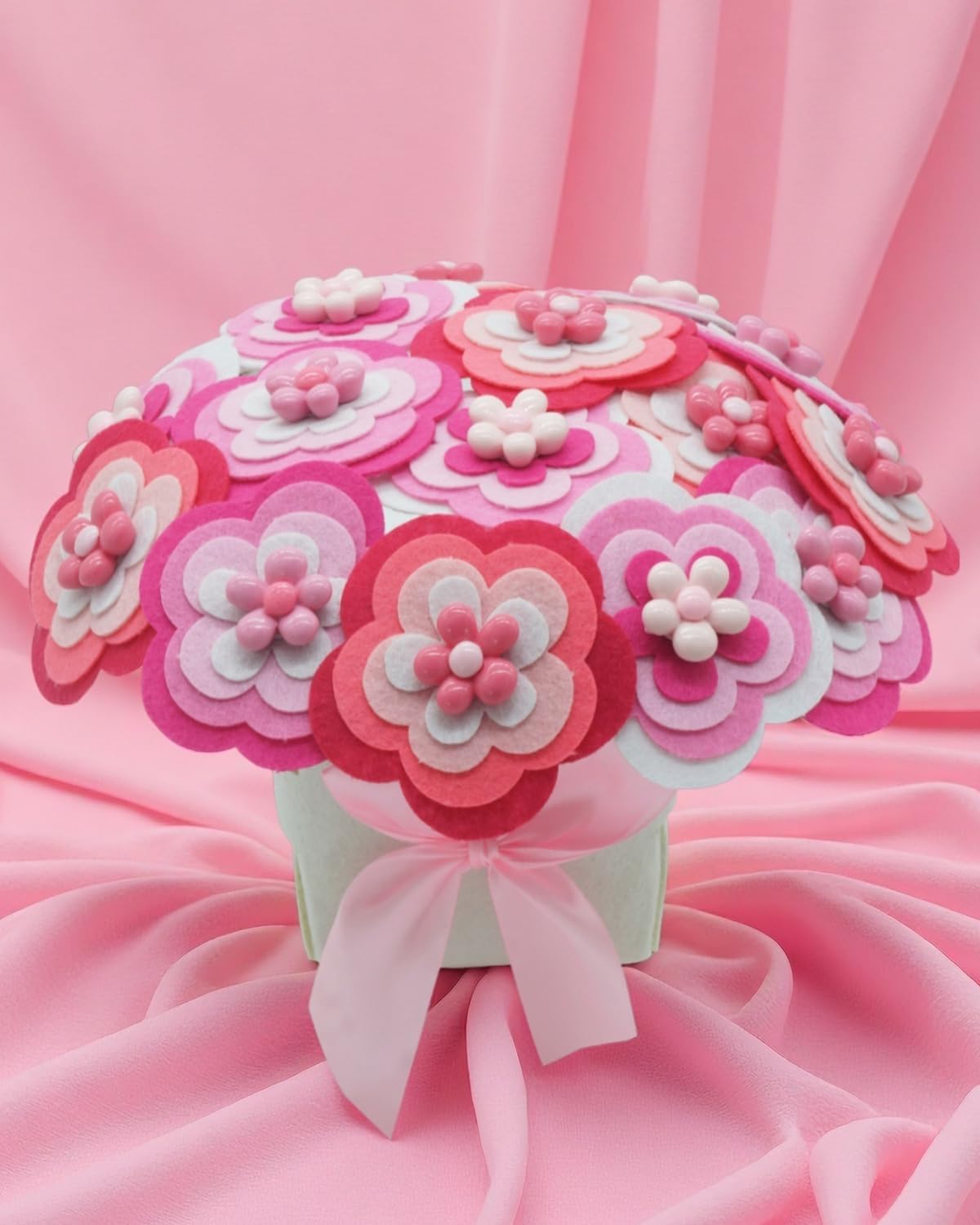 BAZIMA DIY Felt Flower Art Craft Kit,Pink Bouquet Making Kit, Floral Gifts,Beginner Craft Kit, Arrange Pre-Cut Felt Flowers, Ideas for Art Project Activity,18 Felt Flowers.