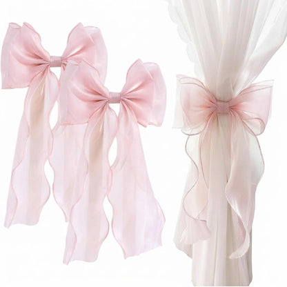 2 Pcs Silky Bow Curtain Tiebacks, Pink Satin Ribbon Bowknot Curtain Straps, Decorative Drape Holdbacks for Wedding, Home, Bedroom and Office Window Treatments
