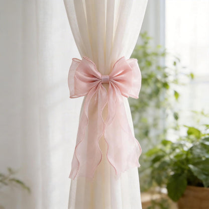 2 Pcs Silky Bow Curtain Tiebacks, Pink Satin Ribbon Bowknot Curtain Straps, Decorative Drape Holdbacks for Wedding, Home, Bedroom and Office Window Treatments