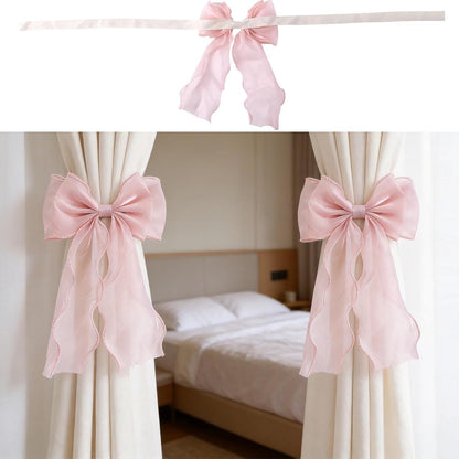 2 Pcs Silky Bow Curtain Tiebacks, Pink Satin Ribbon Bowknot Curtain Straps, Decorative Drape Holdbacks for Wedding, Home, Bedroom and Office Window Treatments