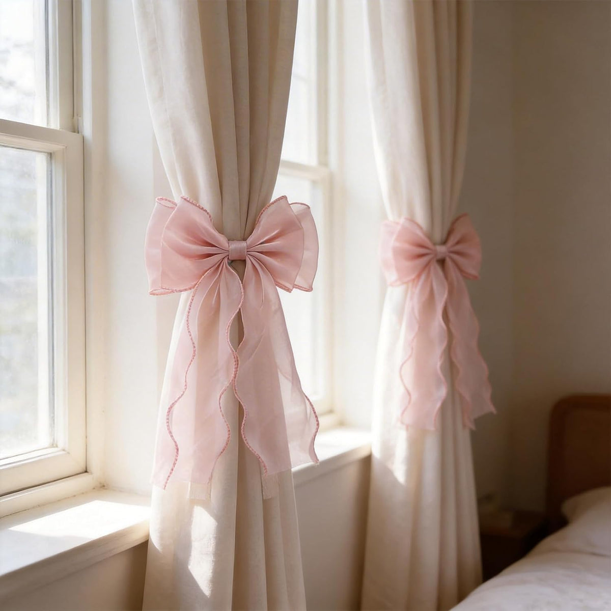 2 Pcs Silky Bow Curtain Tiebacks, Pink Satin Ribbon Bowknot Curtain Straps, Decorative Drape Holdbacks for Wedding, Home, Bedroom and Office Window Treatments