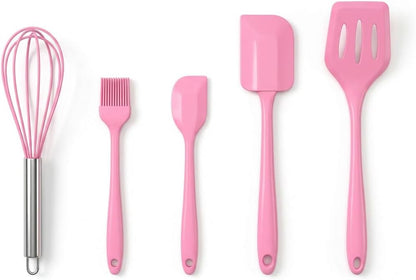 Kitchen Set of 5-Piece Silicone Utensils – 600°F Heat Resistant Food Grade Rubber Spatula Set with Upgrade Strong Ergonomic Grip Handle Nonstick Cookware Safe Baking & Cooking Tools. (Pink)