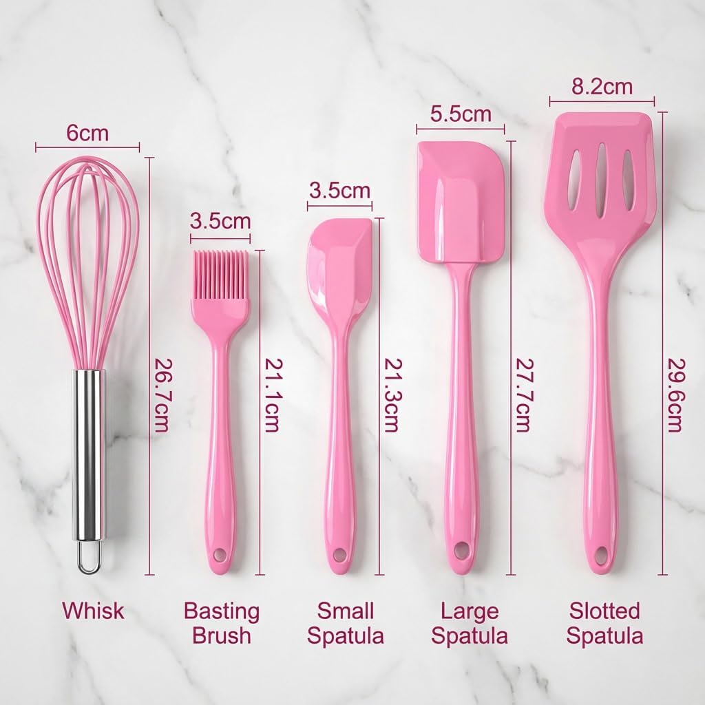 Kitchen Set of 5-Piece Silicone Utensils – 600°F Heat Resistant Food Grade Rubber Spatula Set with Upgrade Strong Ergonomic Grip Handle Nonstick Cookware Safe Baking & Cooking Tools. (Pink)