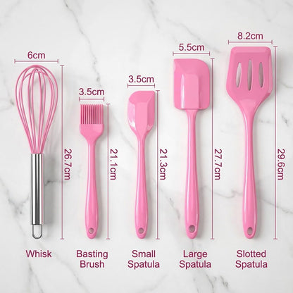 Kitchen Set of 5-Piece Silicone Utensils – 600°F Heat Resistant Food Grade Rubber Spatula Set with Upgrade Strong Ergonomic Grip Handle Nonstick Cookware Safe Baking & Cooking Tools. (Pink)