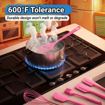 Kitchen Set of 5-Piece Silicone Utensils – 600°F Heat Resistant Food Grade Rubber Spatula Set with Upgrade Strong Ergonomic Grip Handle Nonstick Cookware Safe Baking & Cooking Tools. (Pink)