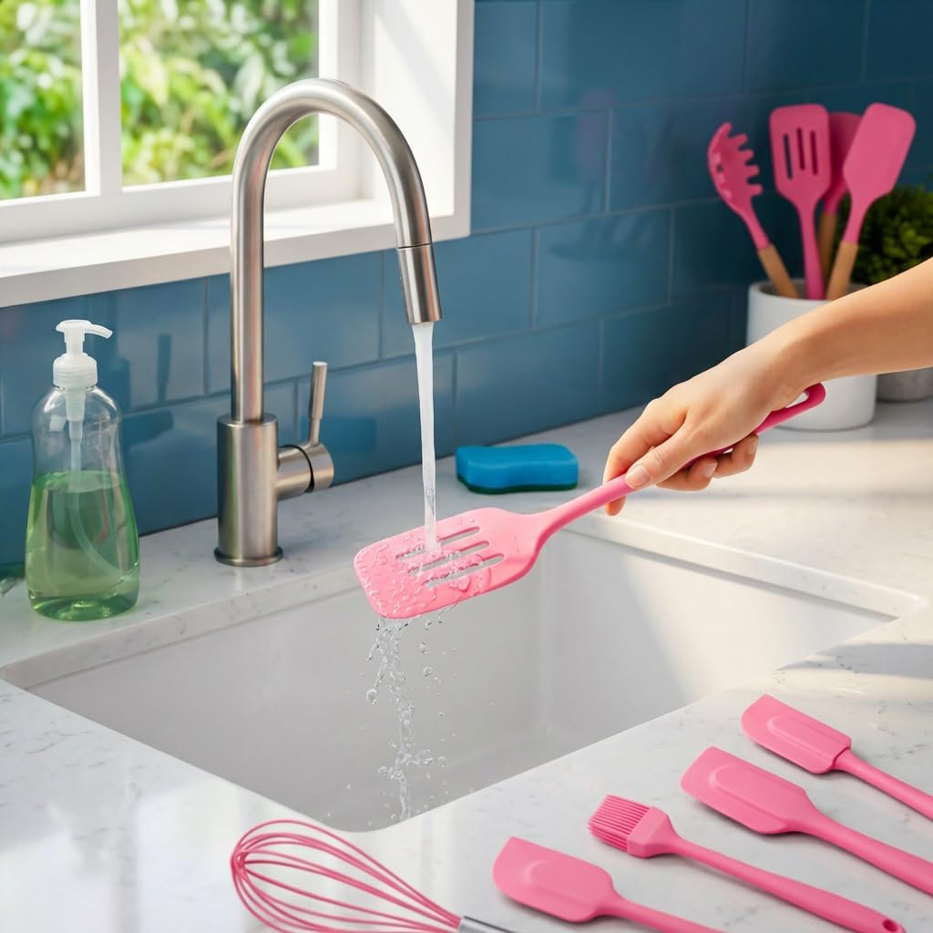 Kitchen Set of 5-Piece Silicone Utensils – 600°F Heat Resistant Food Grade Rubber Spatula Set with Upgrade Strong Ergonomic Grip Handle Nonstick Cookware Safe Baking & Cooking Tools. (Pink)