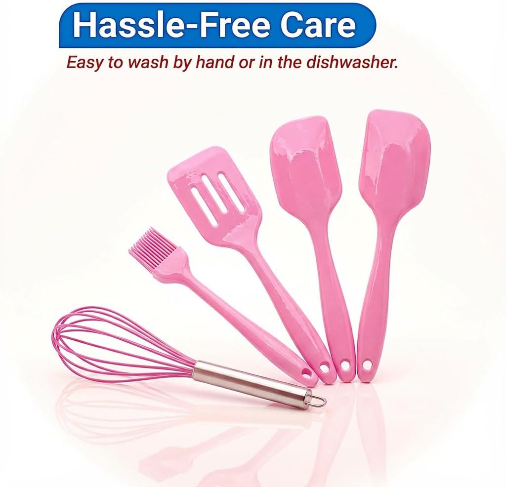 Kitchen Set of 5-Piece Silicone Utensils – 600°F Heat Resistant Food Grade Rubber Spatula Set with Upgrade Strong Ergonomic Grip Handle Nonstick Cookware Safe Baking & Cooking Tools. (Pink)