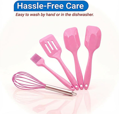 Kitchen Set of 5-Piece Silicone Utensils – 600°F Heat Resistant Food Grade Rubber Spatula Set with Upgrade Strong Ergonomic Grip Handle Nonstick Cookware Safe Baking & Cooking Tools. (Pink)