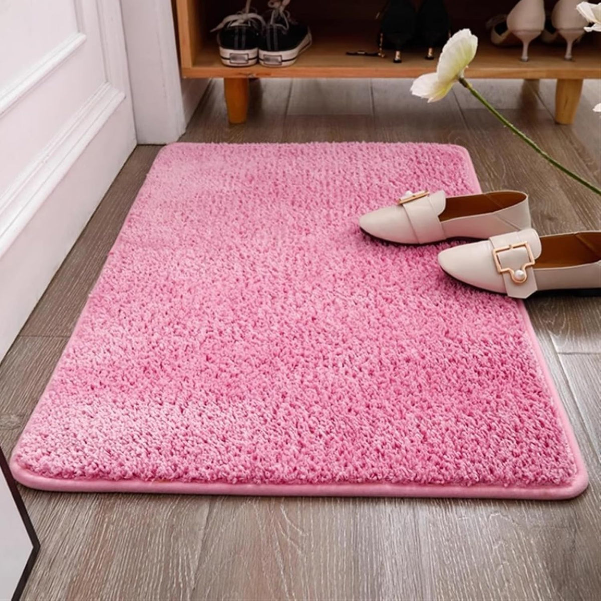 Fluffy Bathroom Rug Non Slip Absorbent Pink 16'' x 24''