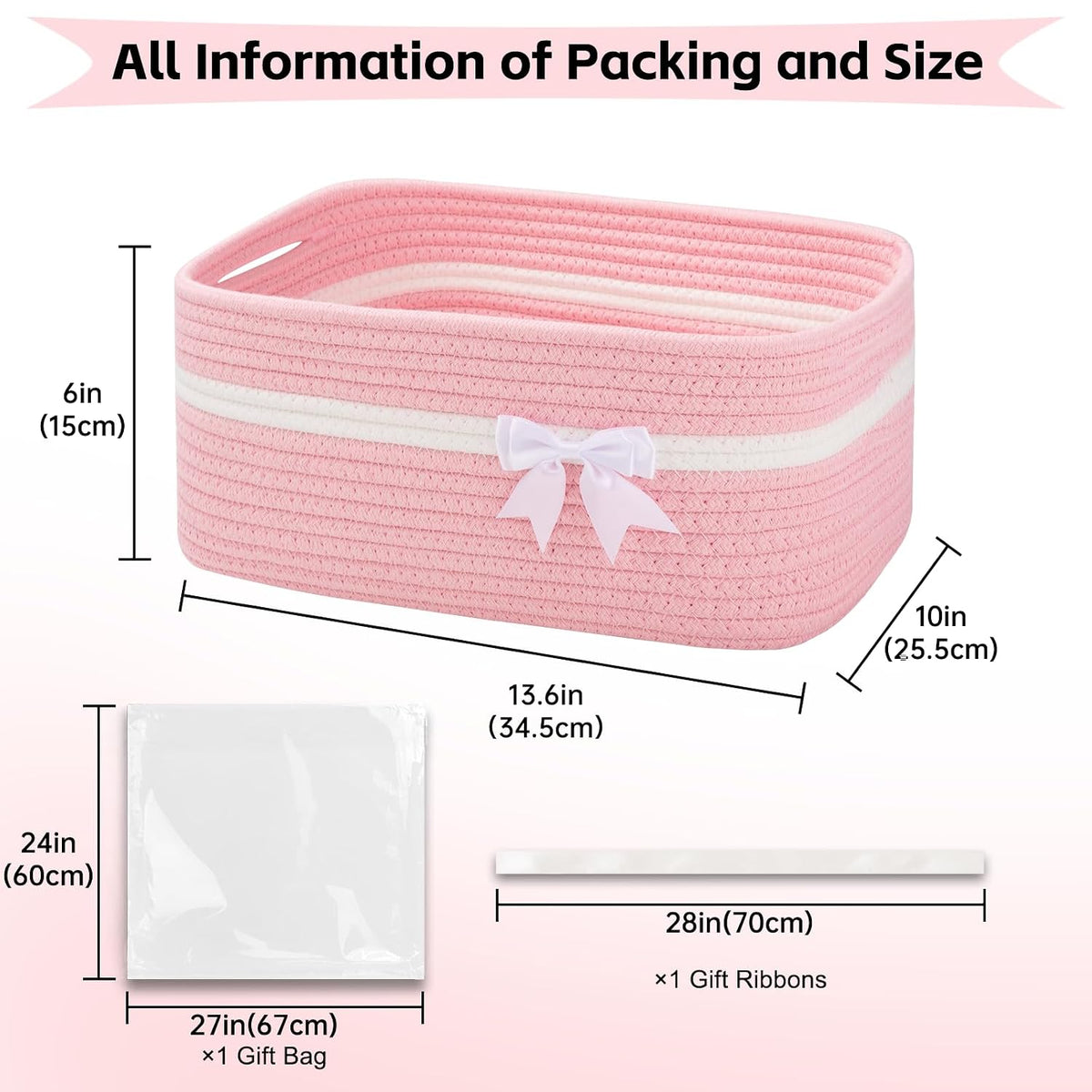 OIAHOMY Large Woven Storage Basket with Handles for Nursery Living Room Shelves, Bow Basket for Gifts Empty with Gift Bags and Ribbons for Baby Showers Pet Toy Bin - Pink