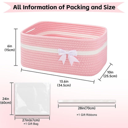 OIAHOMY Large Woven Storage Basket with Handles for Nursery Living Room Shelves, Bow Basket for Gifts Empty with Gift Bags and Ribbons for Baby Showers Pet Toy Bin - Pink