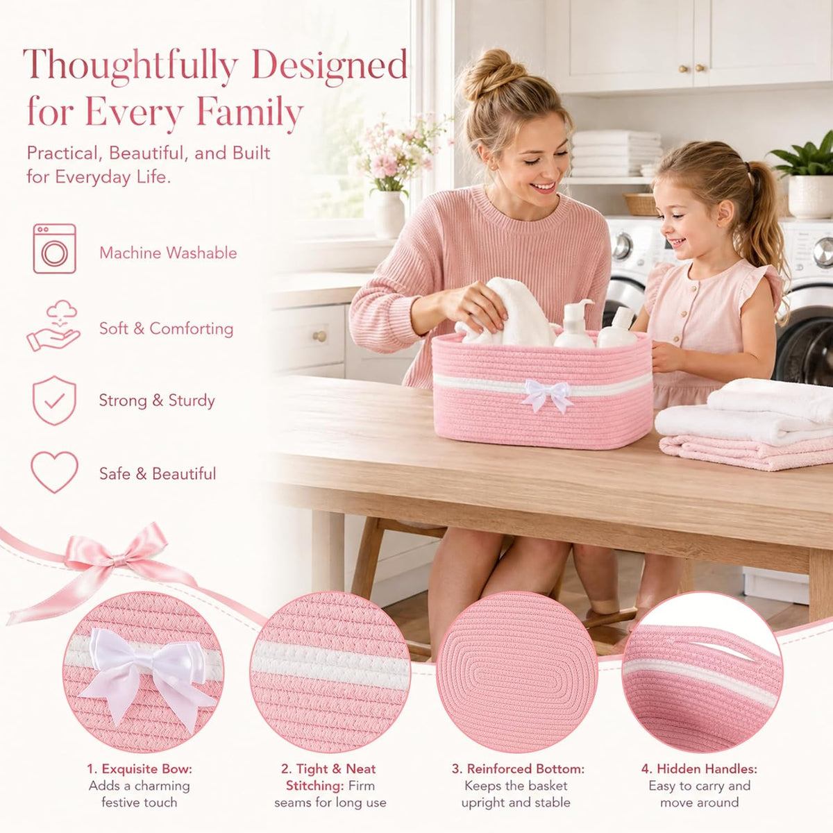 OIAHOMY Large Woven Storage Basket with Handles for Nursery Living Room Shelves, Bow Basket for Gifts Empty with Gift Bags and Ribbons for Baby Showers Pet Toy Bin - Pink