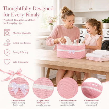 OIAHOMY Large Woven Storage Basket with Handles for Nursery Living Room Shelves, Bow Basket for Gifts Empty with Gift Bags and Ribbons for Baby Showers Pet Toy Bin - Pink