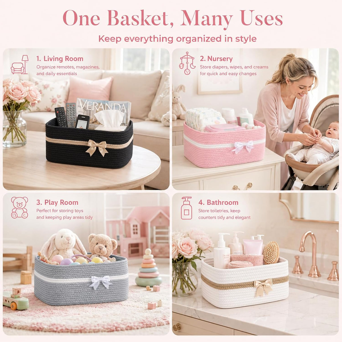 OIAHOMY Large Woven Storage Basket with Handles for Nursery Living Room Shelves, Bow Basket for Gifts Empty with Gift Bags and Ribbons for Baby Showers Pet Toy Bin - Pink
