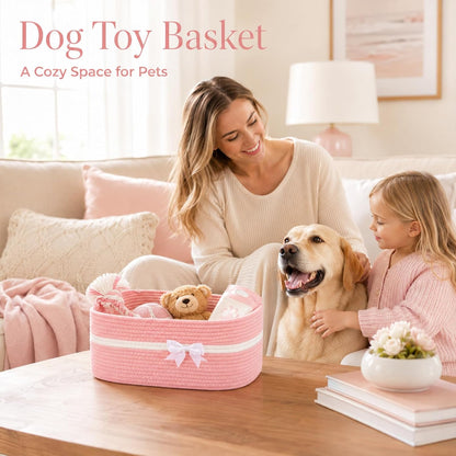 OIAHOMY Large Woven Storage Basket with Handles for Nursery Living Room Shelves, Bow Basket for Gifts Empty with Gift Bags and Ribbons for Baby Showers Pet Toy Bin - Pink